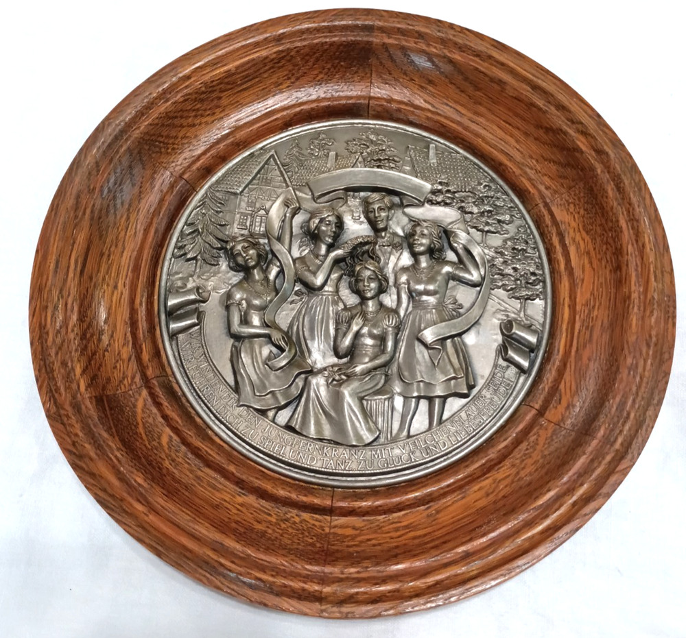 VTG German 70's Bridal Wreath Folk Song Pewter Oak Wood Wall Plaque